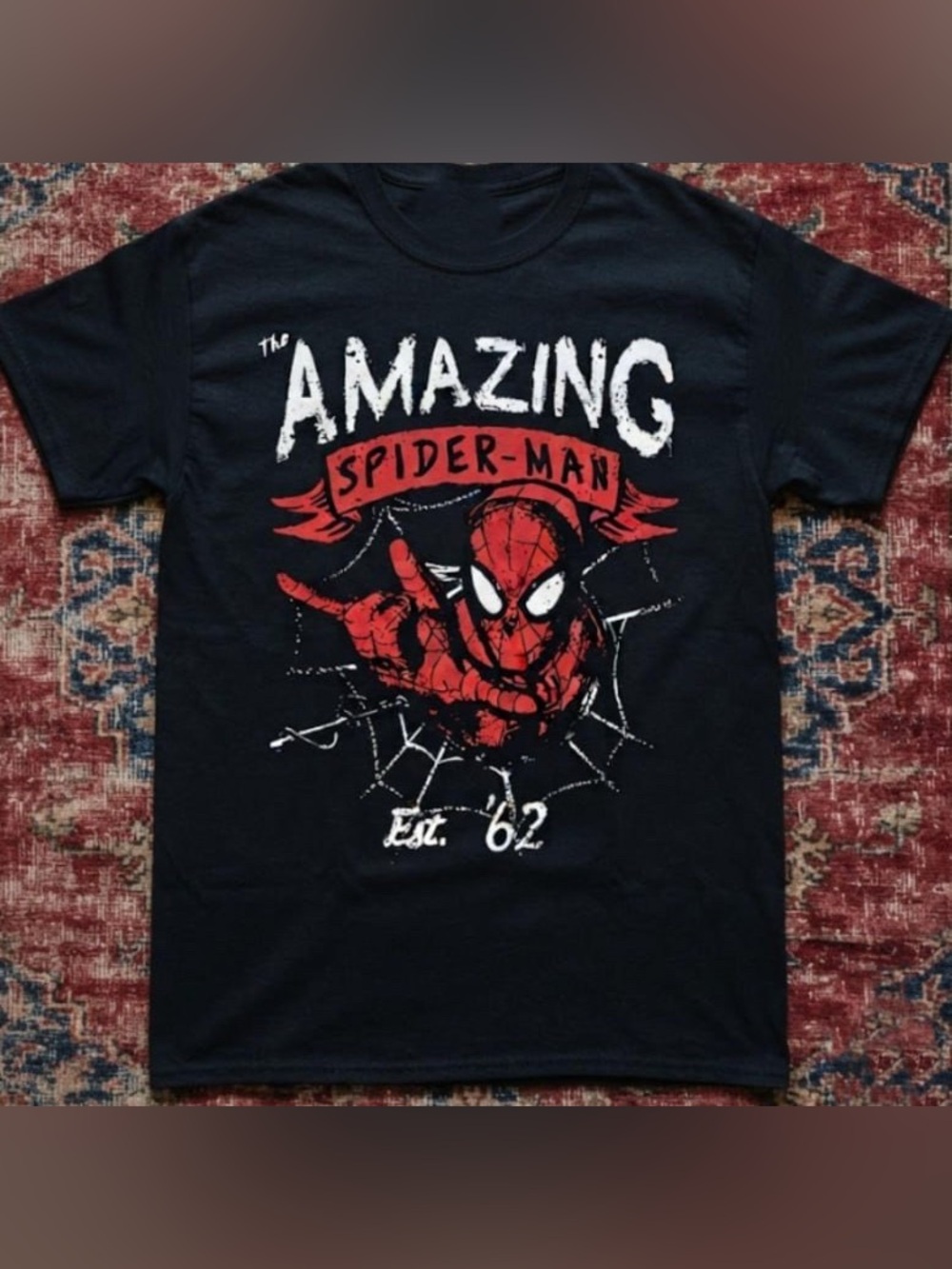 Gildan Black Tee with Red & White Spider-Man Graphic